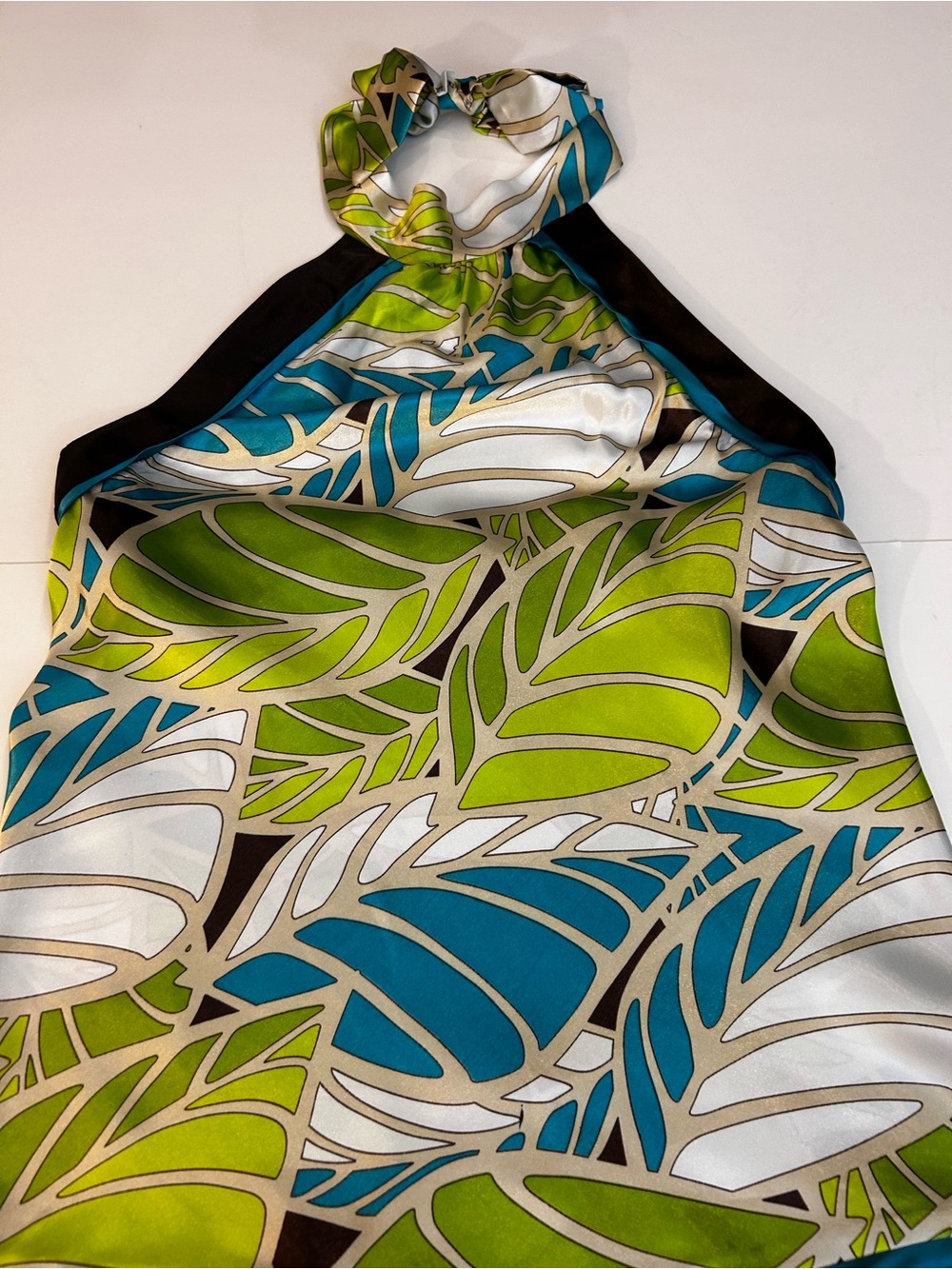 Leaf-Print Halter Silk Blouse in Lime & Teal